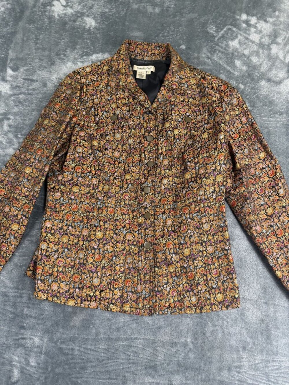 Coldwater Creek Floral Brocade Button Front Jacket Gold Multi Size M